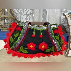 Boho Mexican Embroidered Zip Bag Pom Pom Purse Womens Handbag Floral Colorful